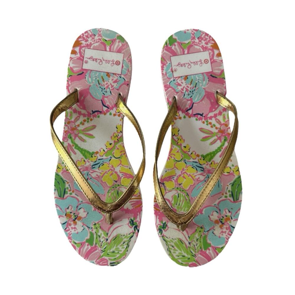 Lilly Pulitzer Flip Flop Sandals Thong Womens 8 Floral Nosey Posey Gold Toe Post - Picture 2 of 7